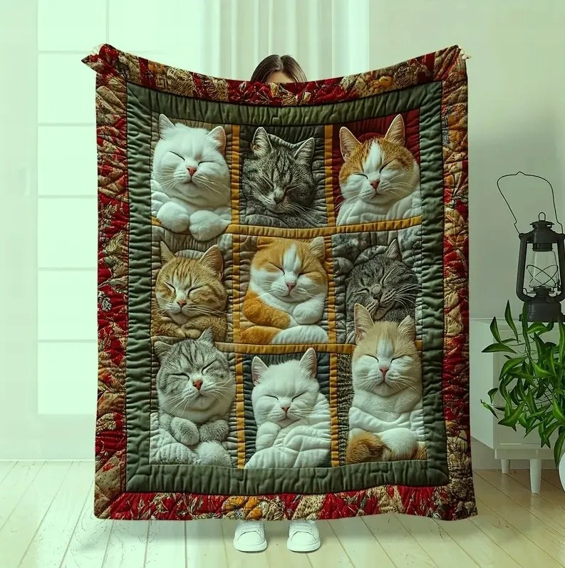 Takaró takaró pléd ágytakaró színes macskák macska kollázs boho ajándék 180x220 cm