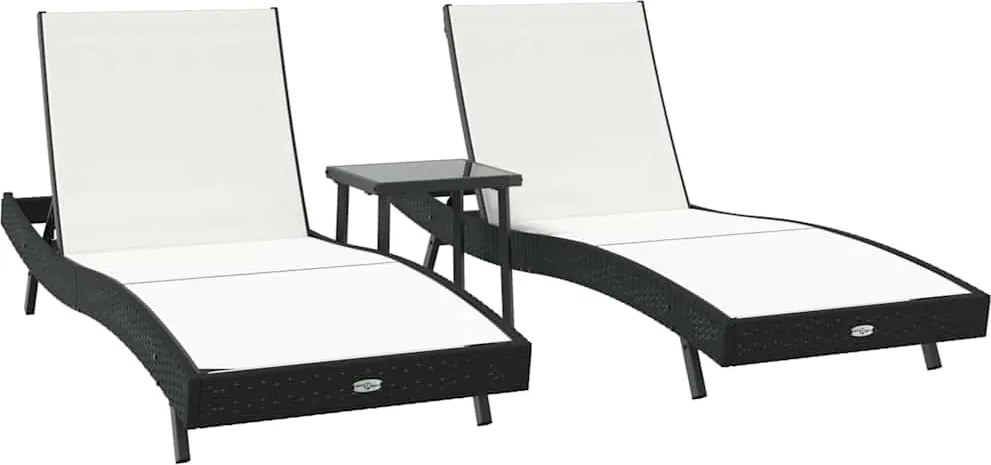 vidaXL Napozó 3 pcs Fekete és Fehér 197 x 70 x 82 cm polirattan