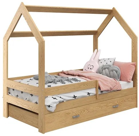 Gyerekágy HÁZIKÓ D3 fenyő 80 x 160 cm Matrac: EASYSOFT 8 cm matraccal, Ágyrács: Lamellás ágyráccsal, Ágy alatti tárolódoboz: Fehér tárolódoboz