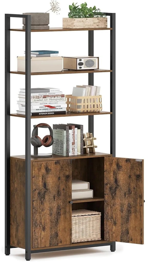 Könyvespolc, 6 szintes, állópolc ajtókkal, 24 × 60 × 159,5 cm, vintage barna–tintafekete
