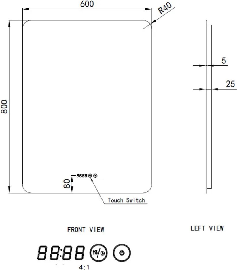 Tükör LED világítással 60x80cm | Páramentesítő funkció | Beépített óra | Fényerő és színhőmérséklet szabályozás | Welland Type-1VS
