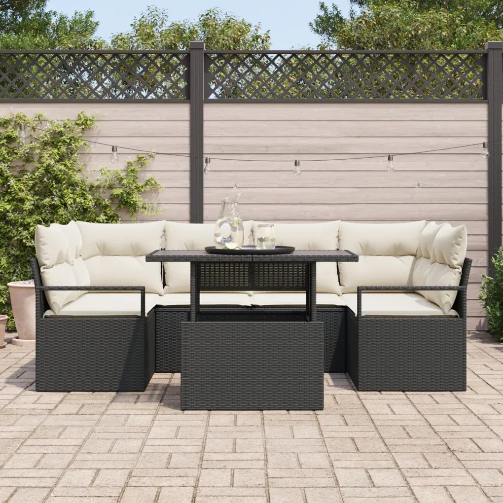 7 Részes Kerti Kanapé Szett Párnákkal Fekete Poly Rattan, 2-üléses Kerti Kanapé Párnákkal Fekete Poly Rattan