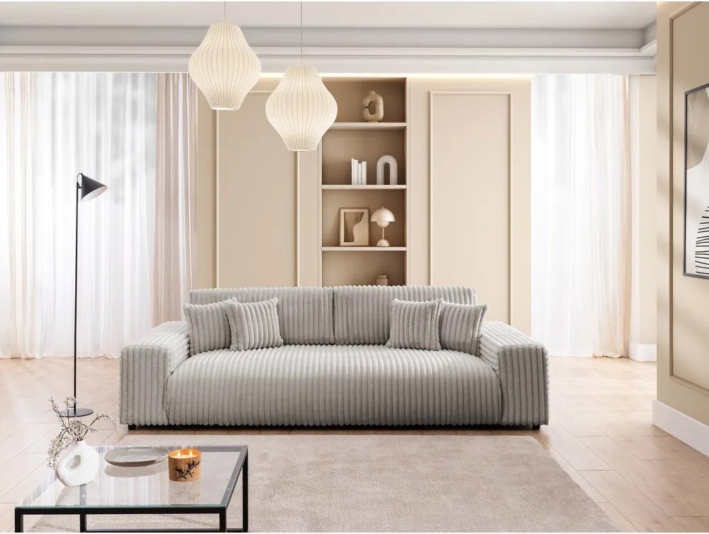 Világosszürke kordbársony kinyitható-tárolóhelyes kanapé 260 cm Justin – Ropez
