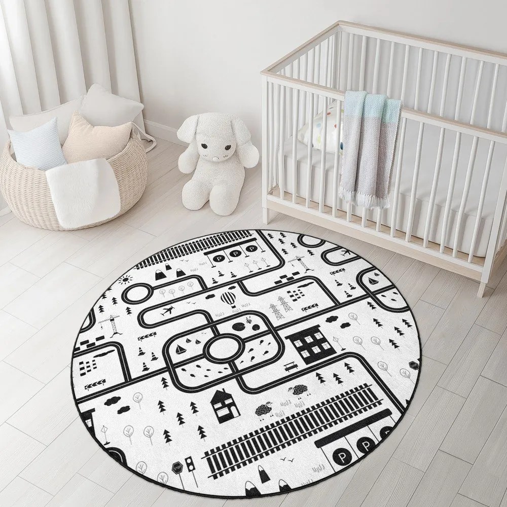 Fekete-fehér mosható gyerek játszószőnyeg ø150 cm In My Town – Mila Home