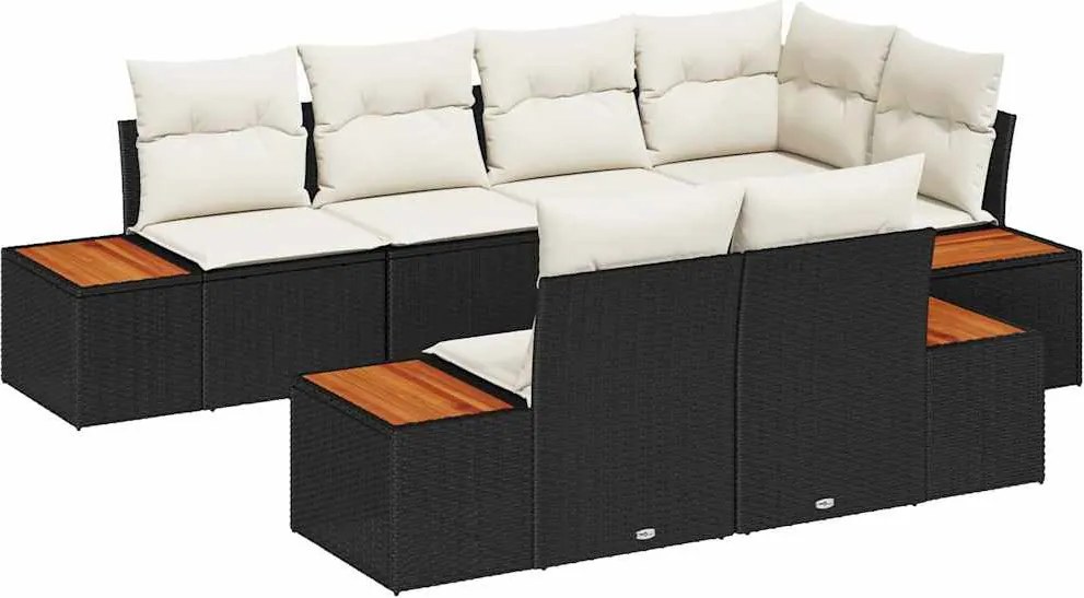 vidaXL Kerti Kanapé Szett párnával 7 pcs Fekete és Krém Polyrattan