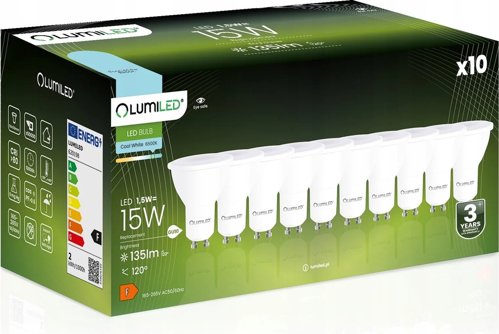 Led izzó GU10 1,5W 6500K Hideg Fehér 120° Nagy Teljesítményű Prémium CCD 10x