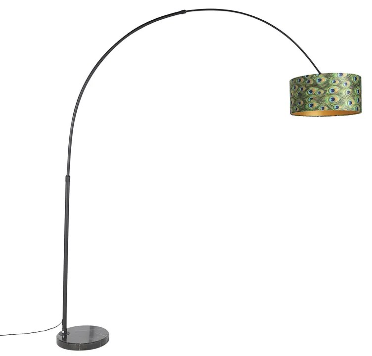 Botanikai íves lámpa fekete bársony árnyékolóval páva mintával 50 cm - XXL