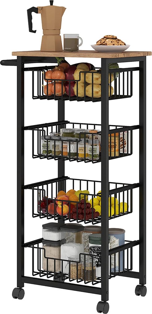 HOMCOM Konyhai Kocsi Munkalappal, 4 Ki Pull-Out Acél Kosárral, Görgős Kocsi Irodához, 49,5 x 31 x 91 cm, Tölgy | Aosom