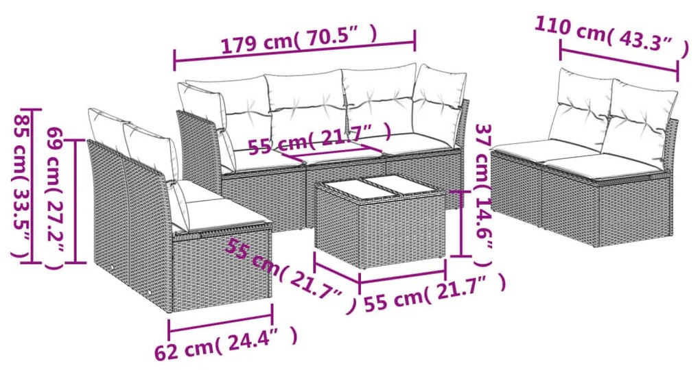 8 részes bézs polyrattan kerti ülőgarnitúra párnával