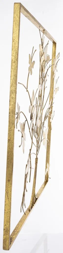 Modern design életfa pillangó falevelekkel rusztikus sárgaarany faldekoráció fém keretben 50x50x1,5cm