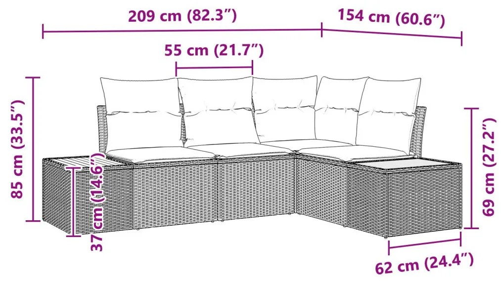 4 darabos kerti kanapé szett párnákkal, szürke poli rattan akáccal