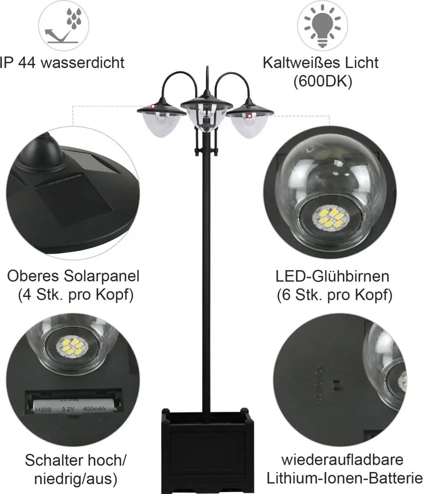 Solar Lantern állólámpa fémből, kerti lámpa, 189 cm magas, kültéri széllámpa, vízálló IP44 virágcserép talppal fekete
