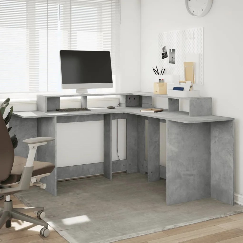 betonszürke szerelt fa íróasztal LED-világítással 152x152x91 cm