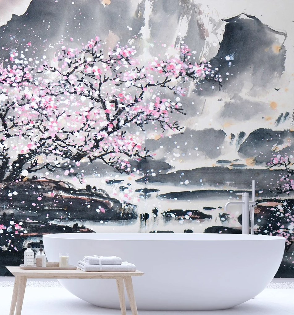 Gario Fotótapéta Virágzó cseresznye, a háttérben a hegyek Anyag: Vlies, Méret: 300 x 300 cm