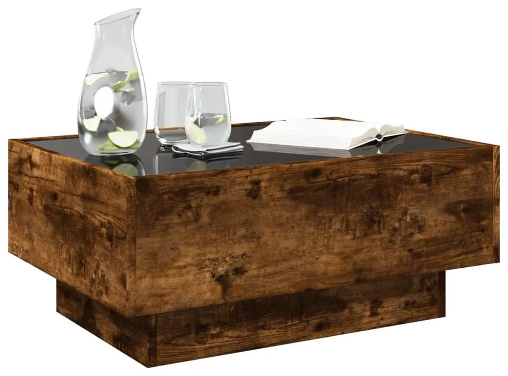 Füstös tölgy szerelt fa dohányzóasztal LED-del 70 x 50 x 30 cm
