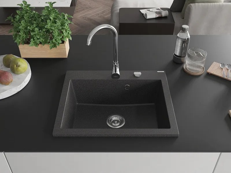 Mexen Elix gránit mosogató 1-medencés 600 x 500 mm, fekete pöttyös, króm szifon - 6525601005-76