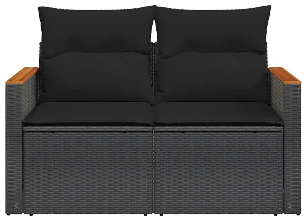 2 személyes fekete polyrattan kerti kanapé párnával