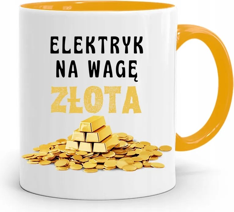 Sárga Bögre Ajándék Villanyszerelőnek Arany Mérleggel, fényképes nyomtatással