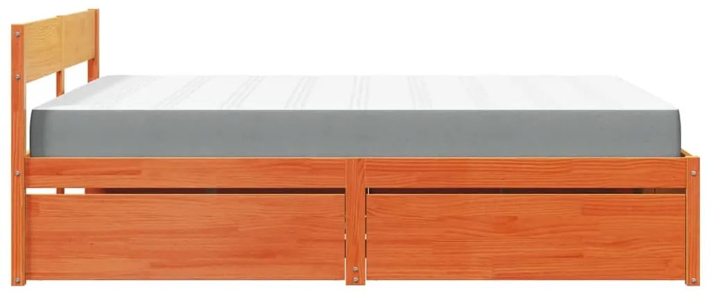viaszbarna tömör fenyőfa ágy fiókokkal és matraccal 140x200 cm