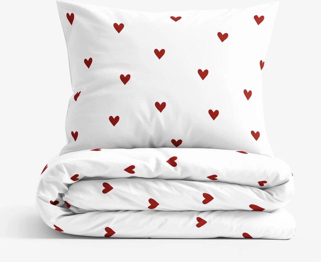 Goldea pamut ágyneműhuzat - piros szívecskék, fehér alapon 140 x 200 és 70 x 90 cm