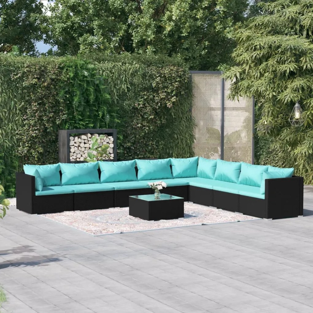 9 részes fekete polyrattan kerti ülőgarnitúra párnákkal