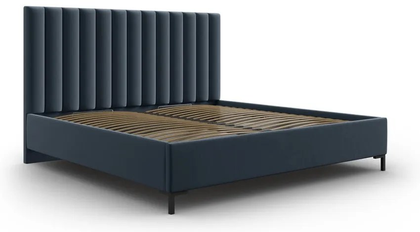 Sötétkék kárpitozott ágyneműtartós franciaágy ágyráccsal 160x200 cm Casey – Mazzini Beds