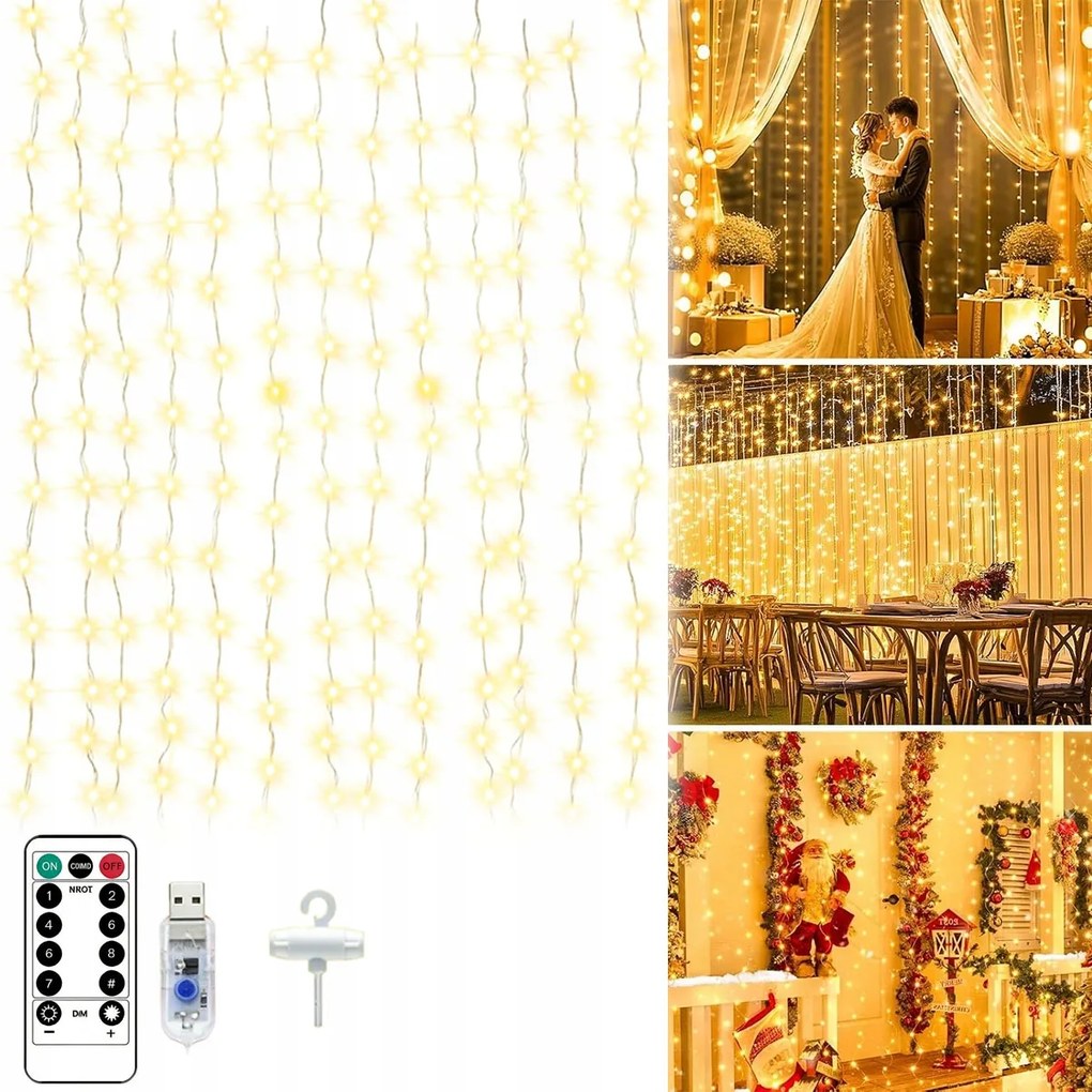 Fényfüggöny Led függöny 3x3m 300 Led Usb távirányító+ akasztók Meleg Fehér