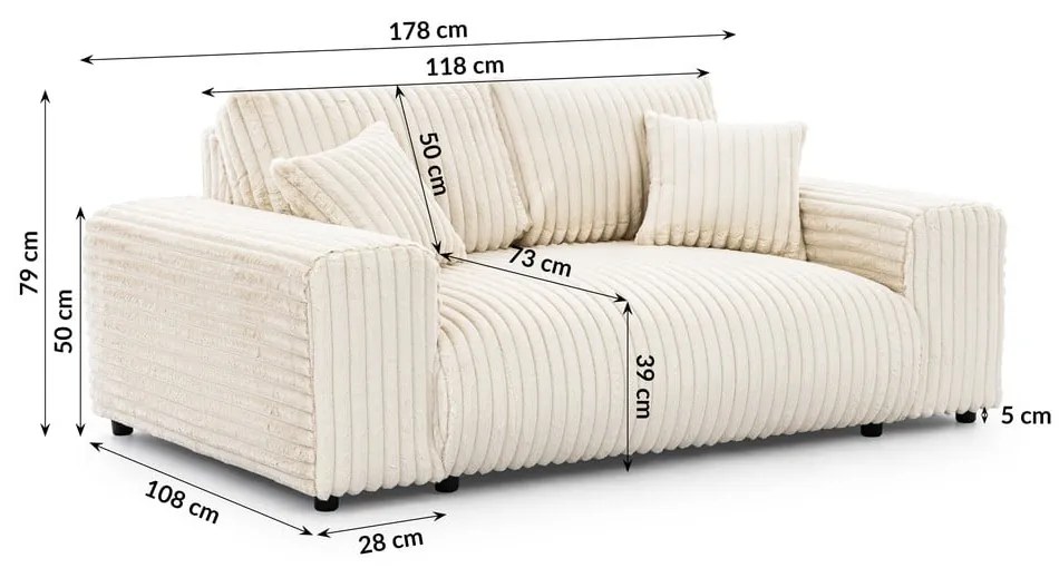 Krémszínű kordbársony kanapé 178 cm Justin – Ropez