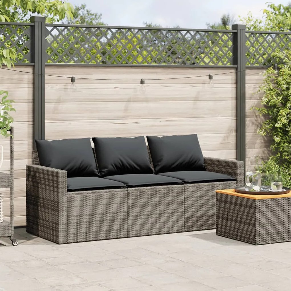 3 személyes szürke polyrattan kerti kanapé párnával