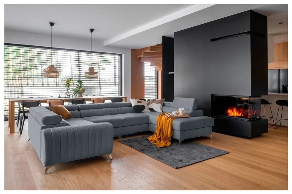 Kék kinyitható-tárolóhelyes sarokkanapé (jobb oldali-U alakú) Louis – ELTAP