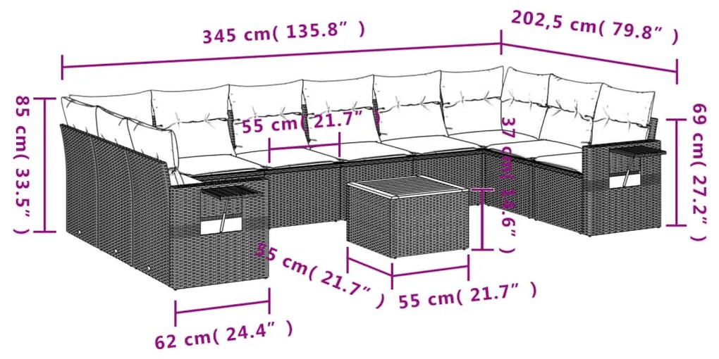 11 részes fekete polyrattan kerti ülőgarnitúra párnákkal