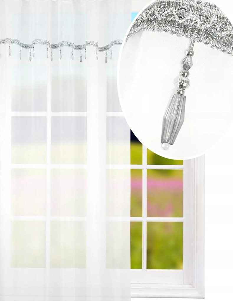 Kész függöny fátyol fehér, díszes szürke gyöngyökkel 145x250