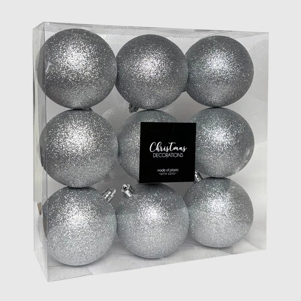 Ezüst glitteres műanyag karácsonyi gömb szett 9x8cm
