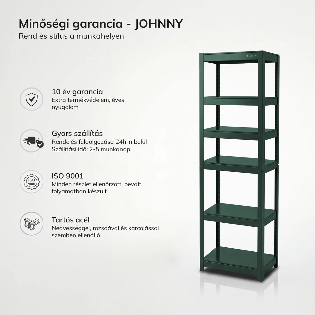 Keskeny, zöld színű fém polc, 1800x450x420 mm: JOHNNY