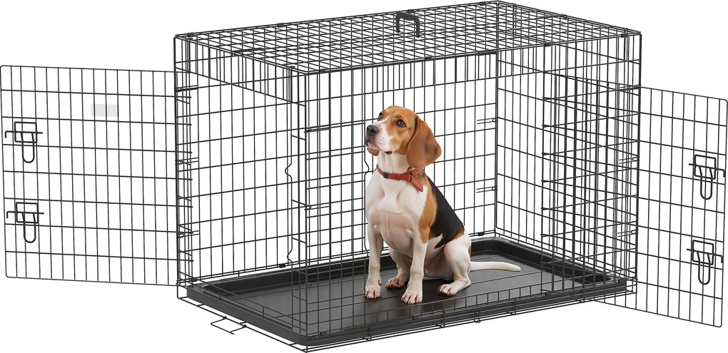PawHut Összecsukható Kutya Ketrec Kutya Szállító 2 Ajtóval, Kivehető Tálcával és Szállító Fogantyúval 106x68x76 cm Fekete | Aosom