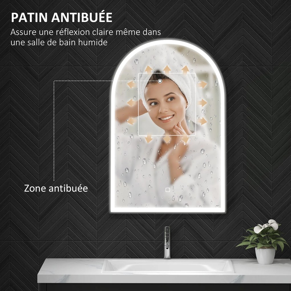 HOMCOM Fürdőszobai Tükör 90 x 60 cm, ívelt fali tükör, LED világítással, állítható 3 színű fény, páramentes, memória funkció, érintőkapcsoló, alumíniu