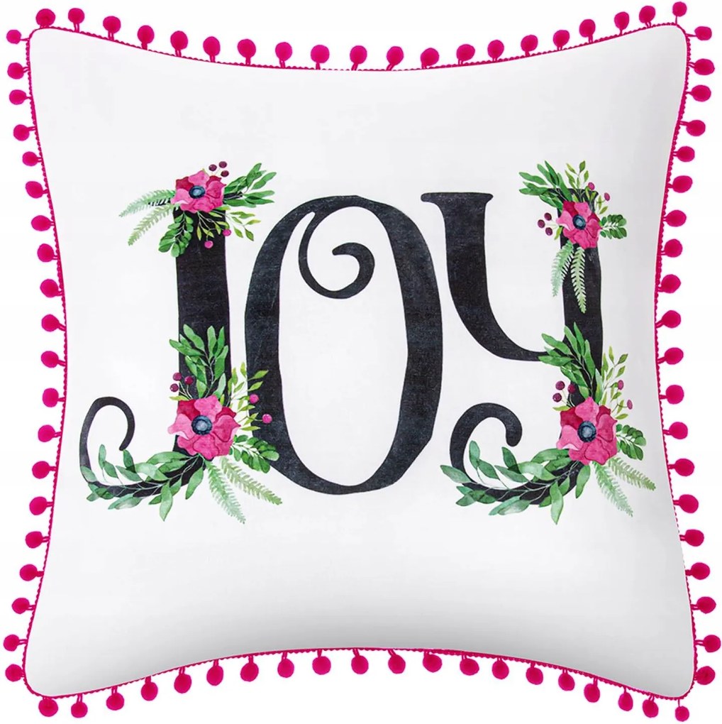 Dekoratív párnahuzat Joy 45x45 fehér rózsaszín felirat pomponokkal