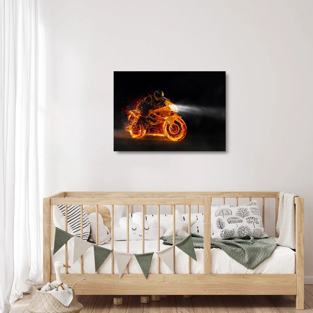 Üveg kép - Motoros lángokkal (70x50 cm)