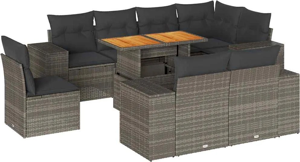 vidaXL 9 részes szürke polyrattan kerti ülőgarnitúra párnákkal
