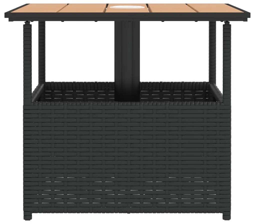 fekete polyrattan kerti asztal napernyőlyukkal 55x55x46,5 cm