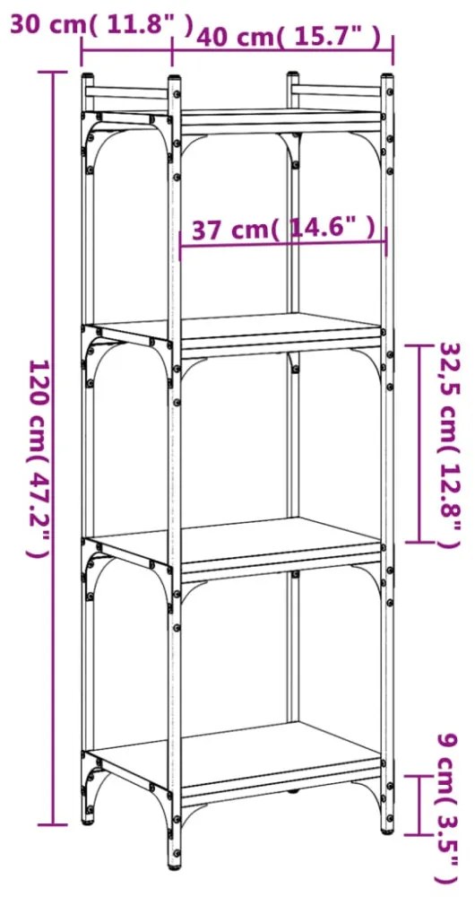 4 szintes barna tölgy színű szerelt fa könyvespolc 40x30x120 cm