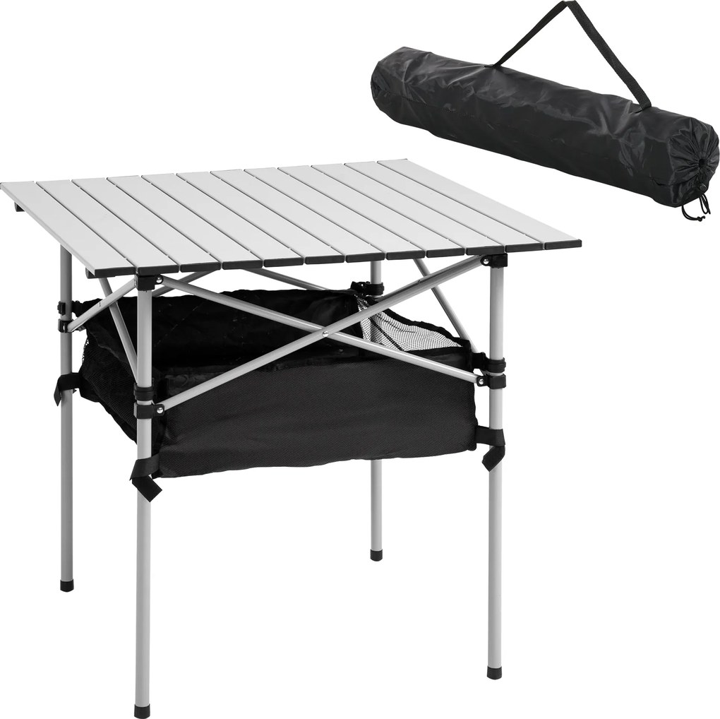 Outsunny Hordozható Összecsukható Camping Asztal Multifunkcionális Háló Tárolóval és Hordtáskával Kertre, Balkónra, Teraszra 70x70x69 cm Ezüst | Aosom