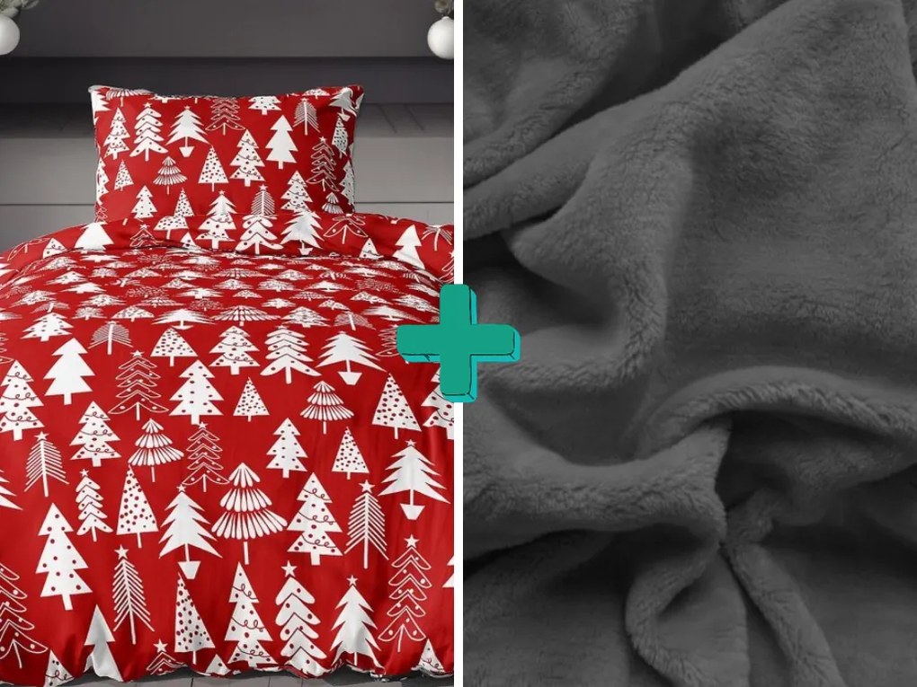 KARÁCSONYFÁK piros flanel ágynemű  + SOFT sötétszürke mikroplüss lepedő  90x200 cm