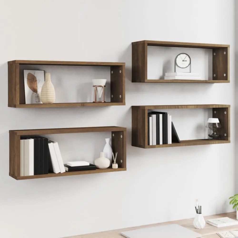 4 db barna tölgy színű szerelt fa fali kockapolc 60x15x23 cm
