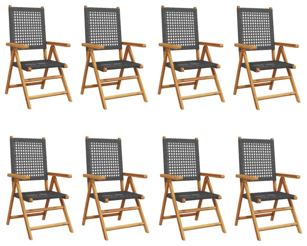8 db fekete polyrattan és tömör fa dönthető kerti szék