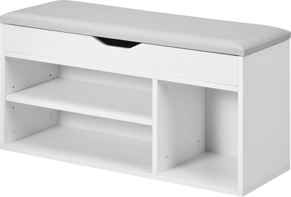 HOMCOM Cipőtároló Pad Szekrény Üléssel, Polcokkal, Fiókkal és Párnával Két Szinten, Előszobákhoz és Folyosókhoz, Modern, Maximális Teherbírás 120kg, 8