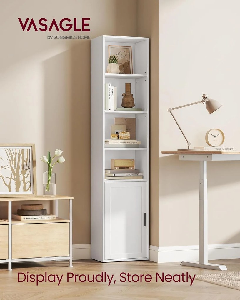 Könyvespolc, 6-szintes Magas Könyvespolc ajtóval, 24 x 31,8 x 175 cm, Felhőfehér