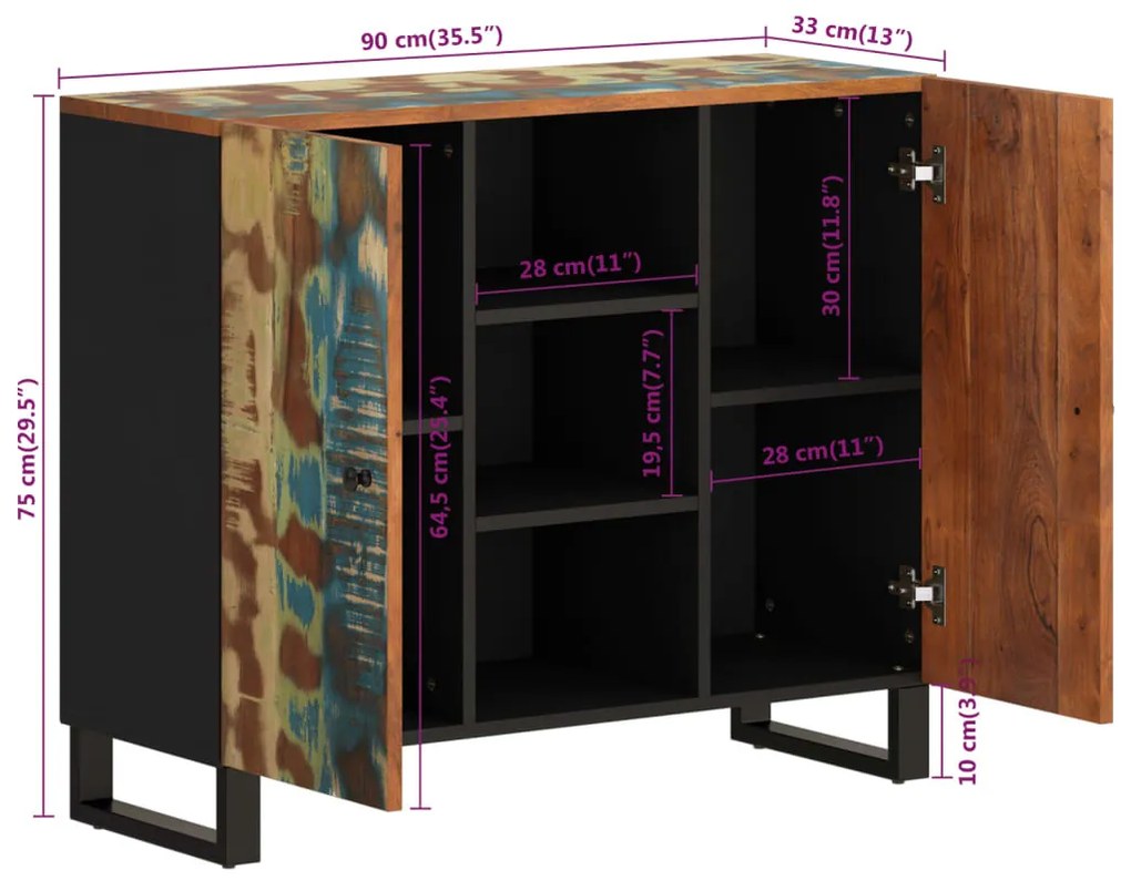 tömör 2 ajtós újrahasznosított fa tálalószekrény 90x33x75 cm