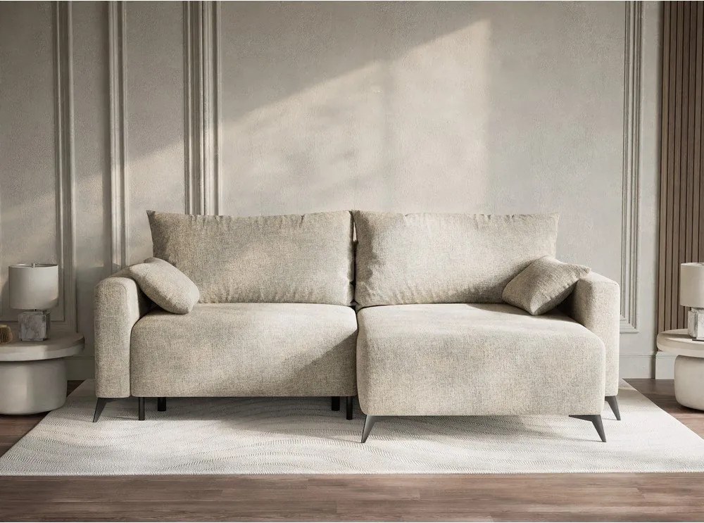 Bézs zsenília kinyitható-tárolóhelyes sarokkanapé (jobb oldali-heverő résszel) Leon – Maison de Rêve