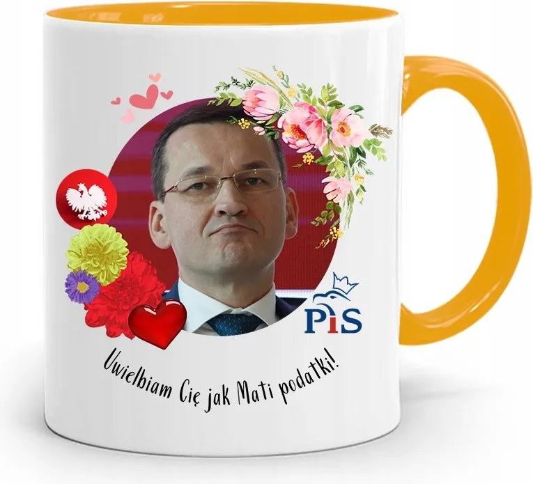 Sárga Politikus Bögre Mateusz Morawiecki Miniszterelnök fényképes nyomtatással